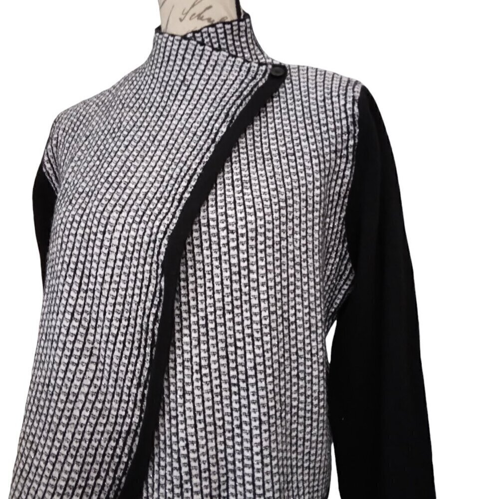 Asymmetrical Knit Wrap Sweater Black White Metallic  August Silk | Size L